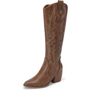 Women's Light Brown Embroidered Cow Girl Knee High Comfortable Chunky Boots